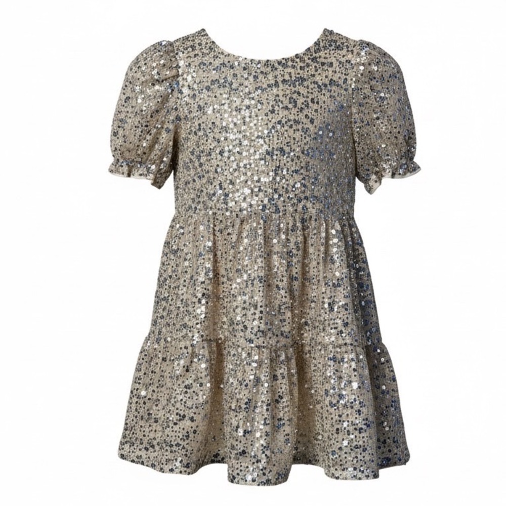 Cat & Jack Girls Sequin Tiered Dress Ivory Gold Sparkle Party Size S‎ 6/7